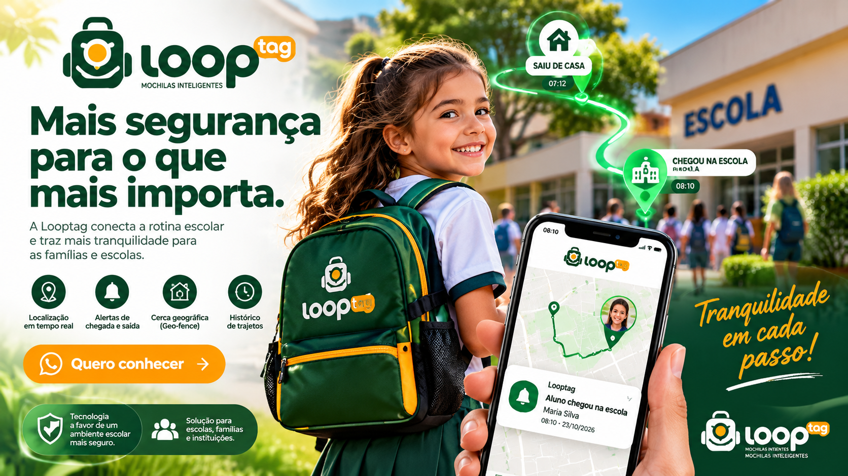 Banner Looptag: mochila inteligente, criança a caminho da escola, localização ilustrativa e alerta de chegada para os responsáveis